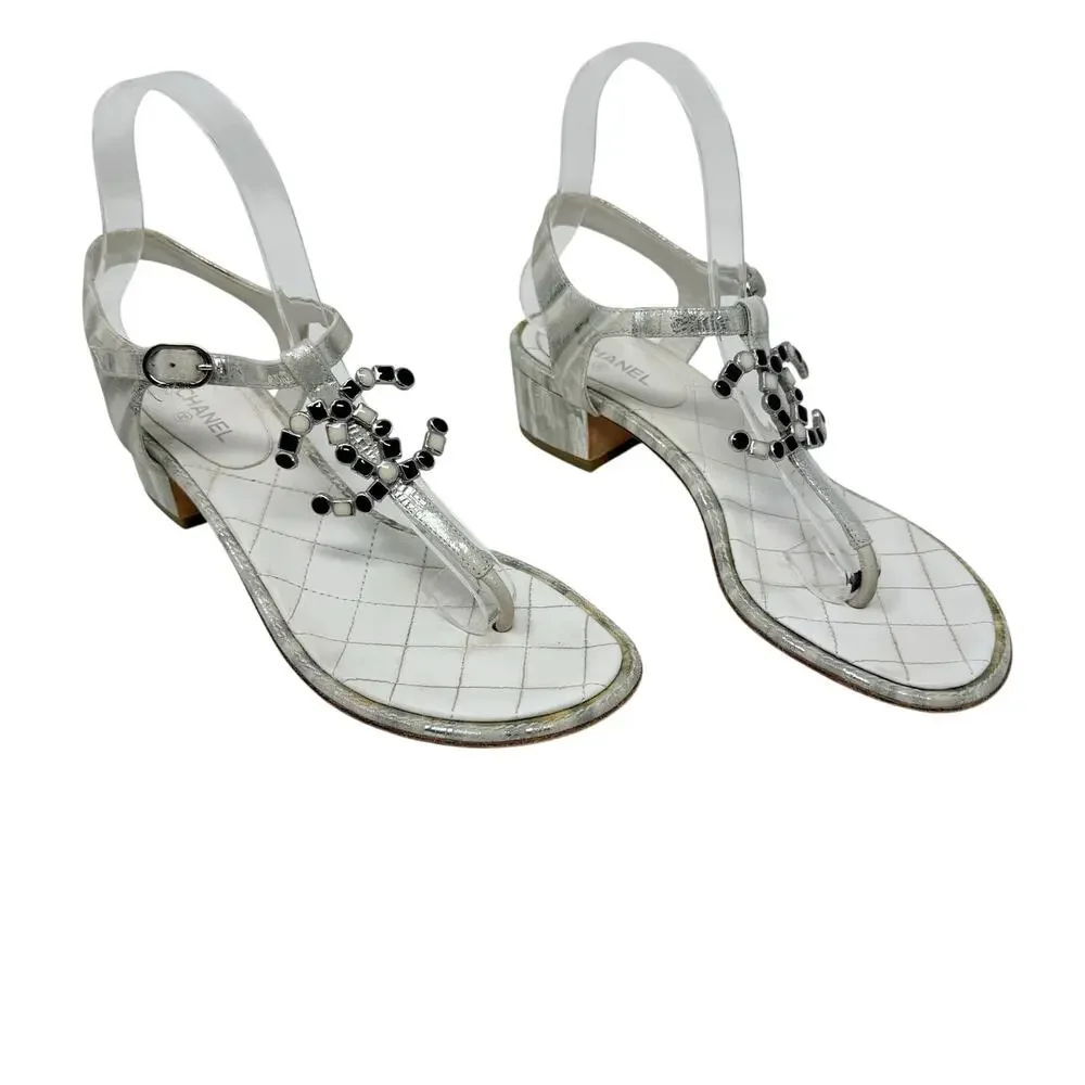Chanel 20P Silver Laminated Quilted CC Thong Block Heel Sandals 37.5 Box
